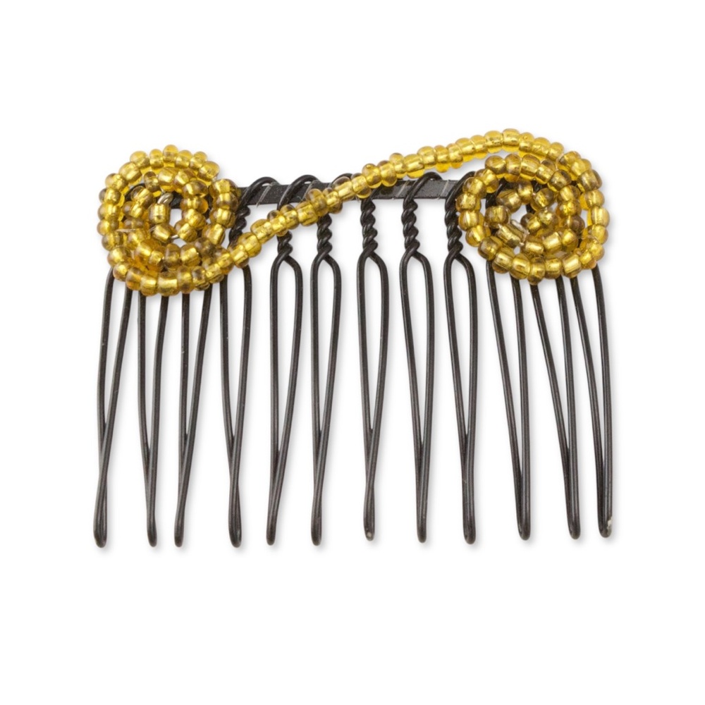 Vintage Hair Comb Black Metal with Yellow Bead Spiral French Style